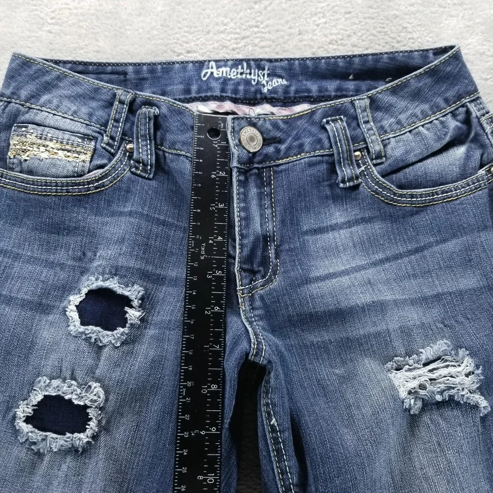 Amethyst Jeans Womens 7 Blue Bootcut Low Rise Distressed Embroidered Stretch Y2K